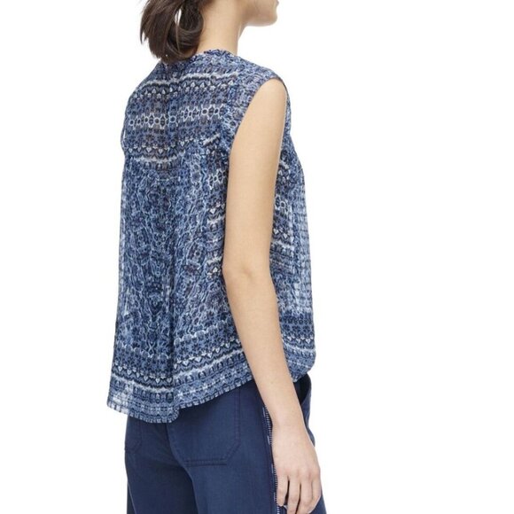 Rebecca Taylor Peasant Blouse Womens 0 Blue Sleeveless Paisley Silk Cotton Top - Picture 6 of 8